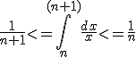 \frac{1}{n+1}<=\int_n^{(n+1)}\frac{dx}{x}<=\frac{1}{n}